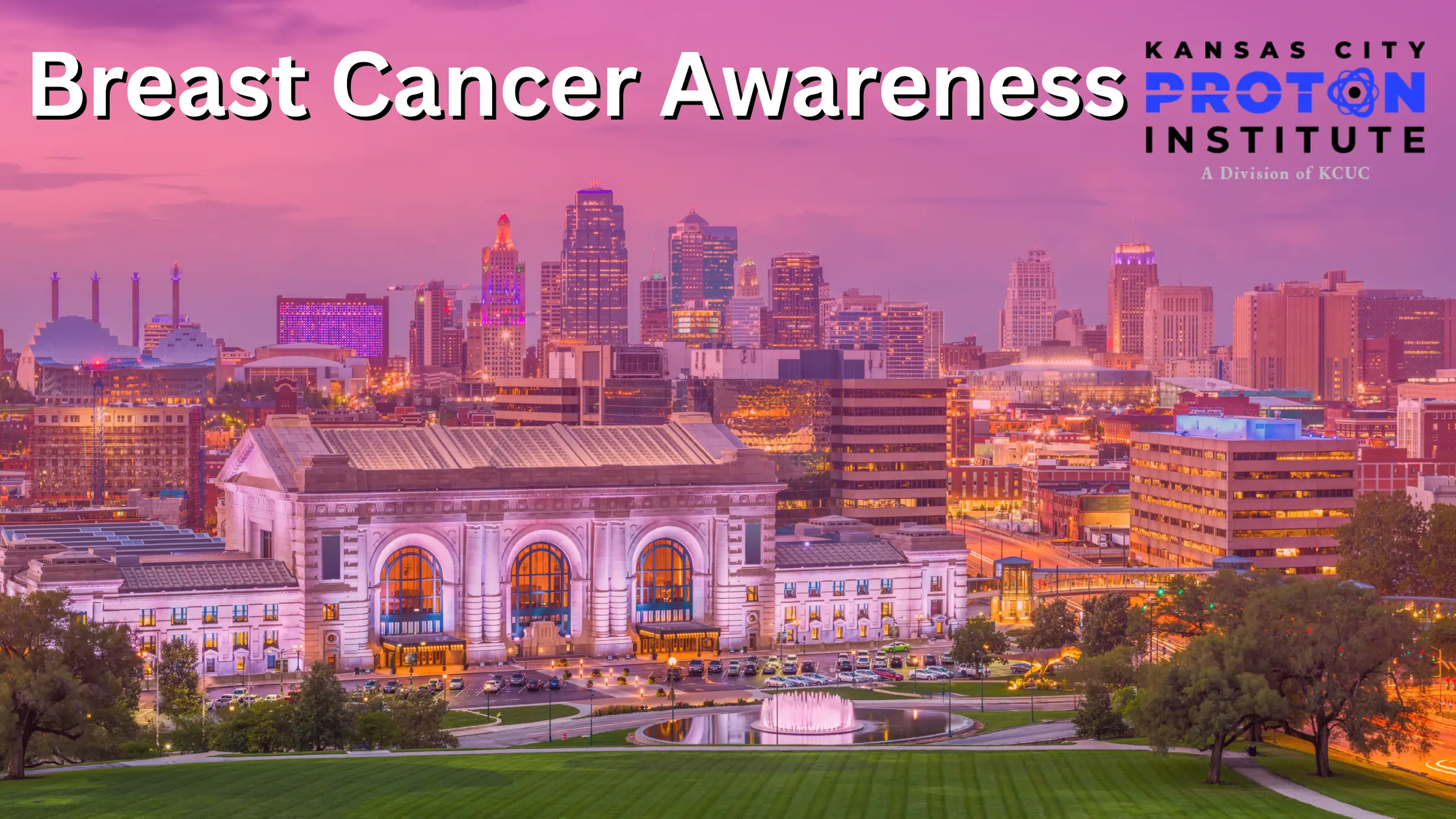 Kansas City's Union Station with pink gradient and text: Breast Cancer Awareness, KCPI