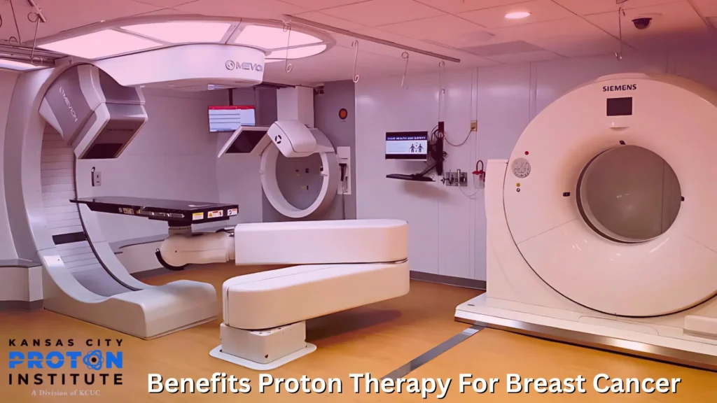 Proton beam therapy equipment, located at The Kansas City Proton Institute, with caption: "Benefits Proton Therapy For Breast Cancer"