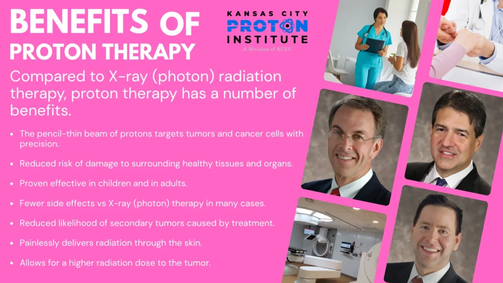 Infographic explaining the benefits of proton therapy vs. traditional, photon or x-ray based radiation therapy. 