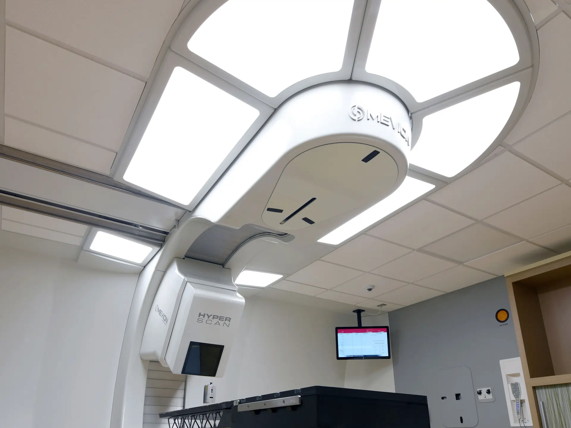A Mevion proton beam therapy treatment system as seen from below at Kansas City Proton Institute
