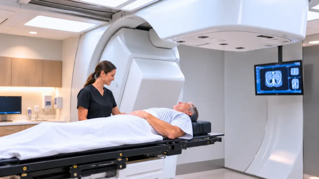 A KCPI care provider with a bed-ridden patient during a medical procedure and no-contact scan.